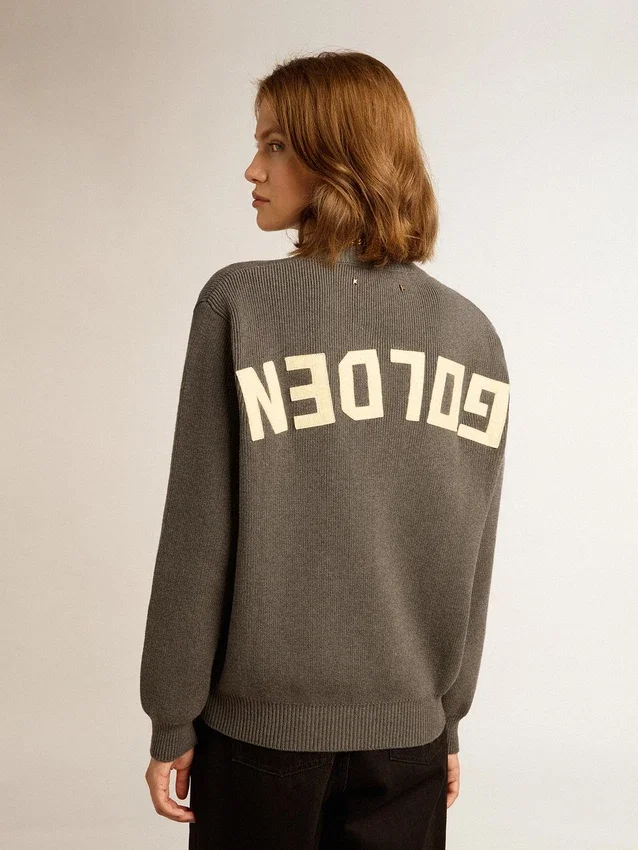 Suéter de cuello redondo para mujer en algodón gris oscuro con logotipo en la espalda
