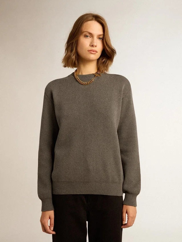 Suéter de cuello redondo para mujer en algodón gris oscuro con logotipo en la espalda
