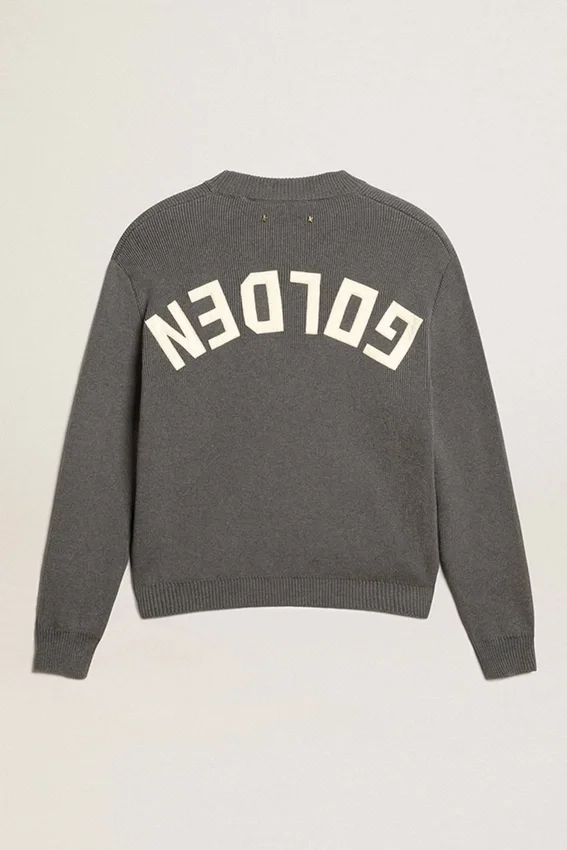 Suéter de cuello redondo para mujer en algodón gris oscuro con logotipo en la espalda