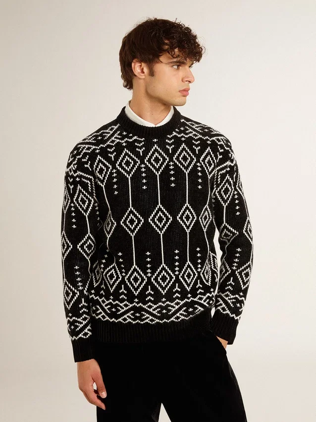 Suéter de mezcla de lana para hombre con cuello redondo y diseño de rombos en jacquard