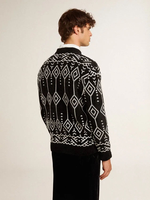Suéter de mezcla de lana para hombre con cuello redondo y diseño de rombos en jacquard