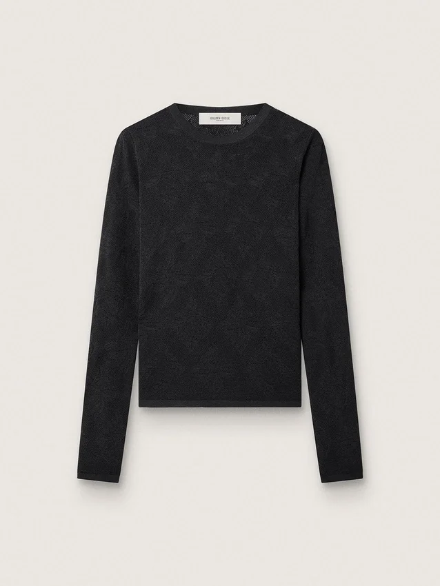 Suéter de mujer de cuello redondo con estampado jacquard floral negro