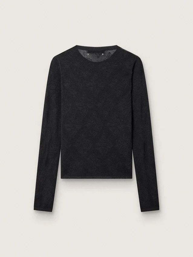 Suéter de mujer de cuello redondo con estampado jacquard floral negro