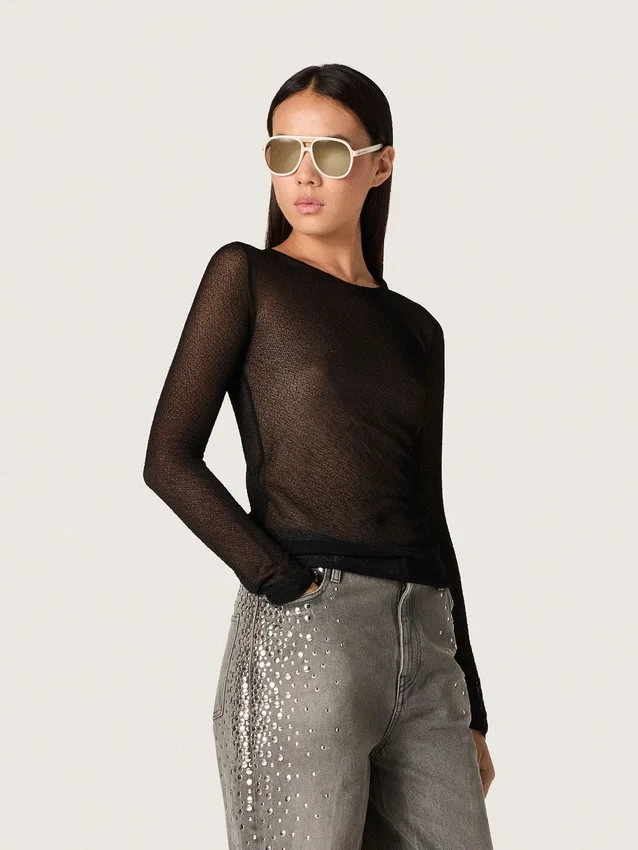 Suéter de mujer de cuello redondo con estampado jacquard floral negro