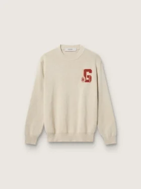 Suéter unisex de cuello redondo en algodón beige con parche en el frente y logotipo en la espalda