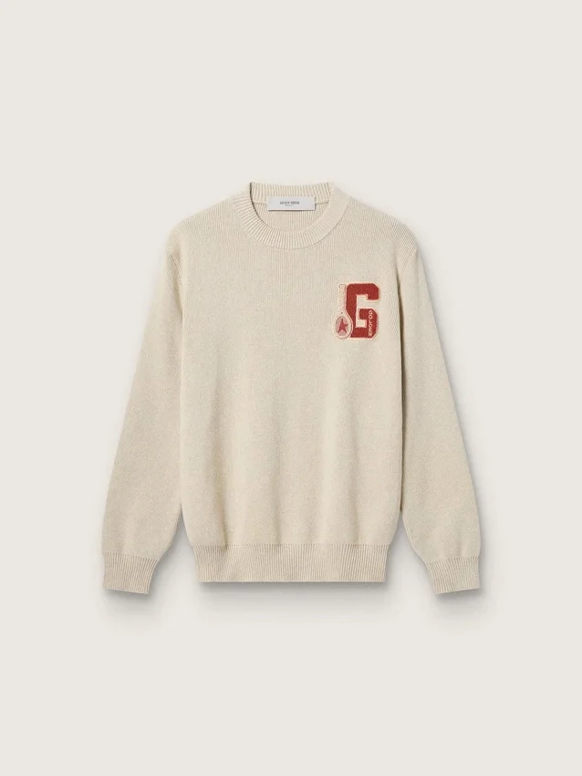 Suéter unisex de cuello redondo en algodón beige con parche en el frente y logotipo en la espalda