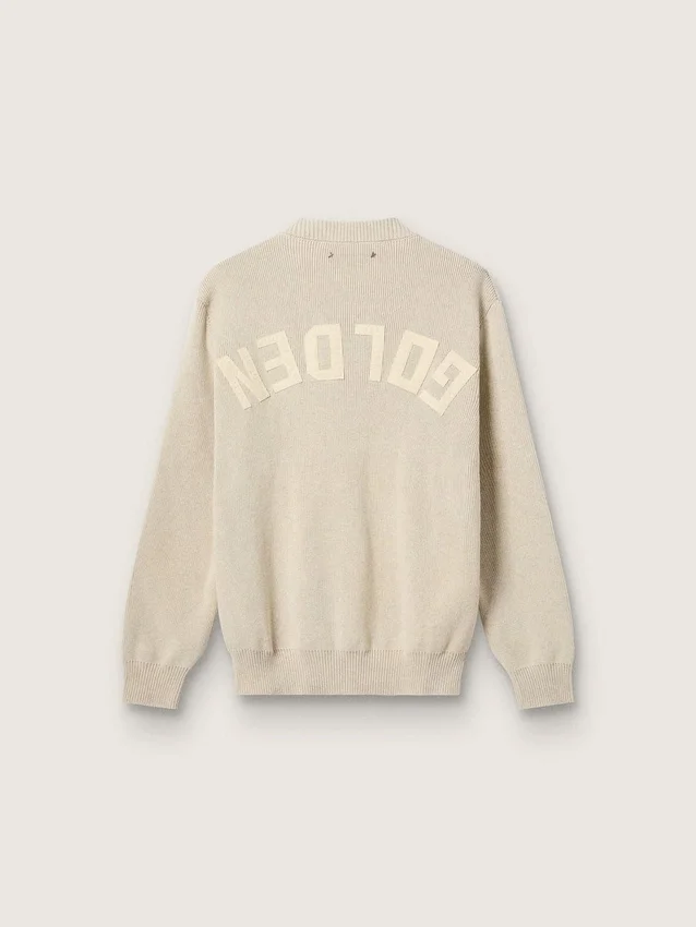 Suéter unisex de cuello redondo en algodón beige con parche en el frente y logotipo en la espalda