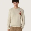 Suéter unisex de cuello redondo en algodón beige con parche en el frente y logotipo en la espalda