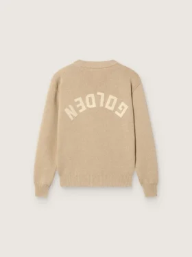 Suéter unisex de niños en color beige dorado con diseño acanalado y logotipo en la espalda