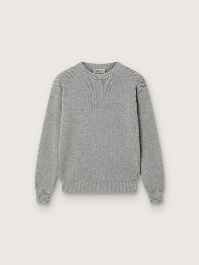 Suéter unisex Golden para niños en tejido acanalado gris jaspeado con logotipo en la espalda