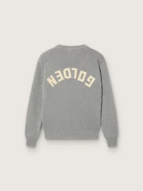 Suéter unisex Golden para niños en tejido acanalado gris jaspeado con logotipo en la espalda