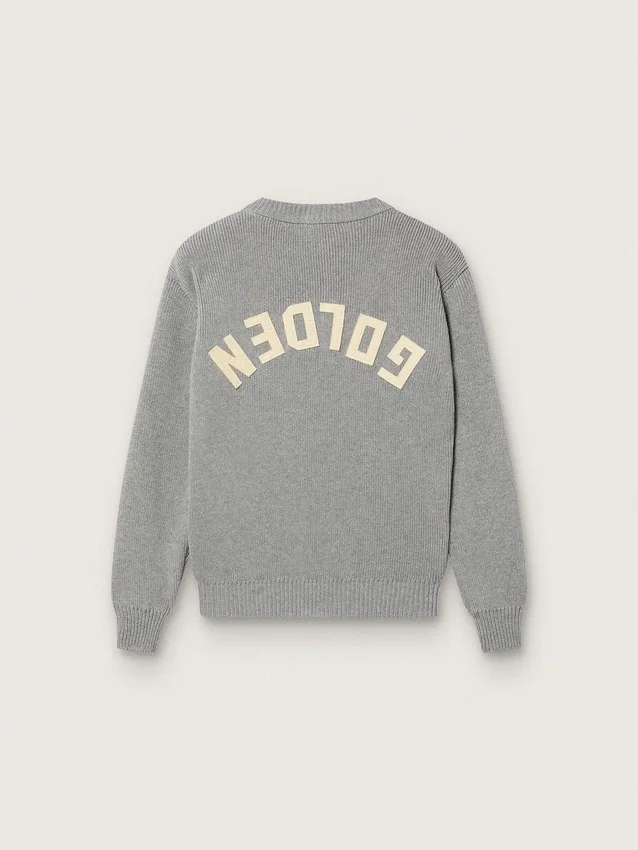 Suéter unisex Golden para niños en tejido acanalado gris jaspeado con logotipo en la espalda