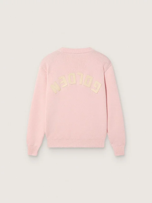 Suéter unisex rosa acanalado de Golden para niños con el logotipo de Golden en la espalda
