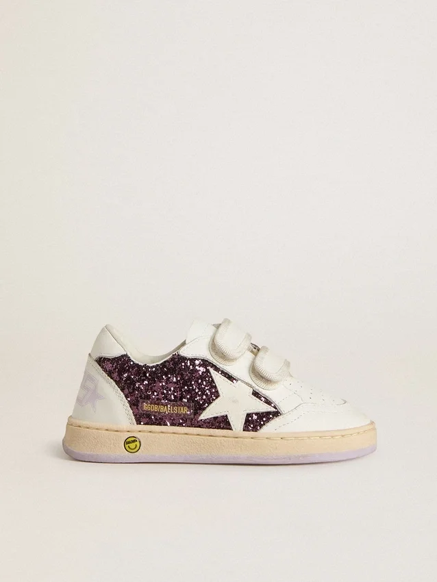 Teen Ball Star en purpurina morada con estrella de cuero blanco y lengüeta en el talón