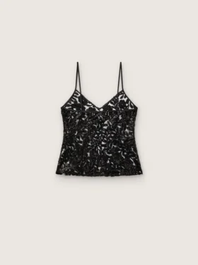 Top de mujer de tul negro con estampado floral de lentejuelas negras