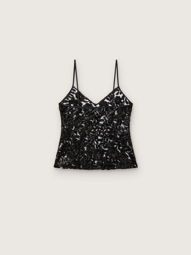 Top de mujer de tul negro con estampado floral de lentejuelas negras