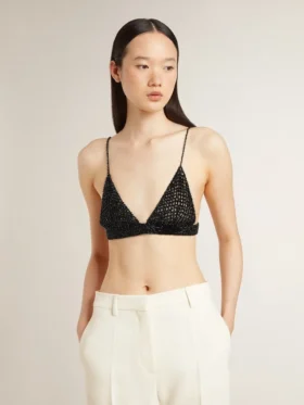 Top negro de croché con cristales para mujer