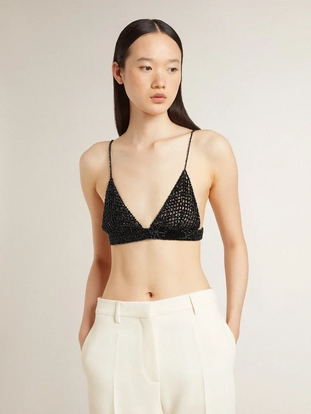 Top negro de croché con cristales para mujer
