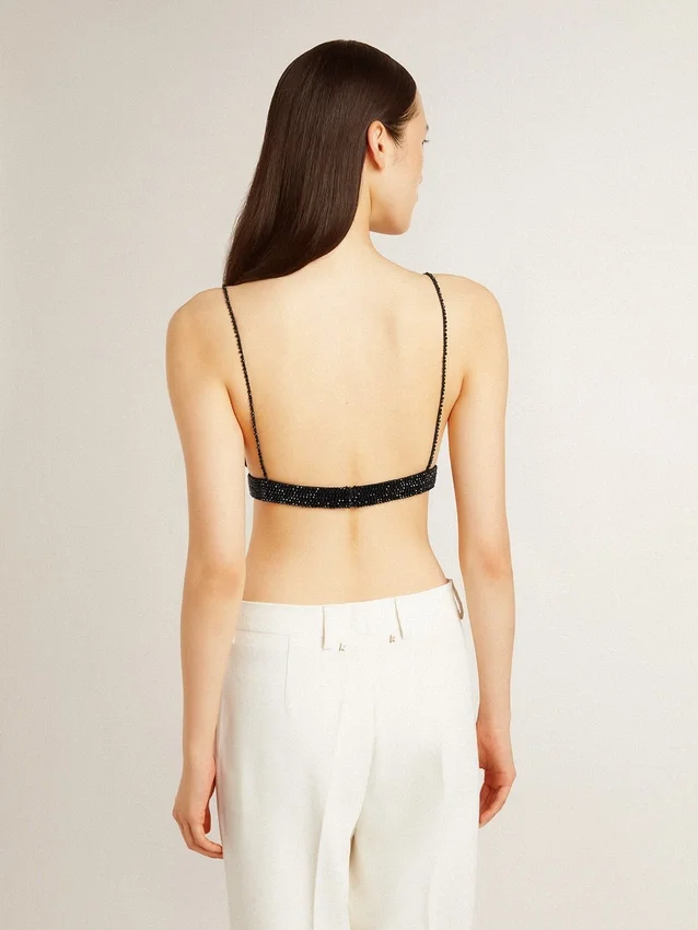 Top negro de croché con cristales para mujer
