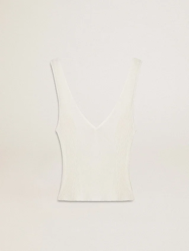 Top sin mangas bordado con ribetes en blanco desgastado