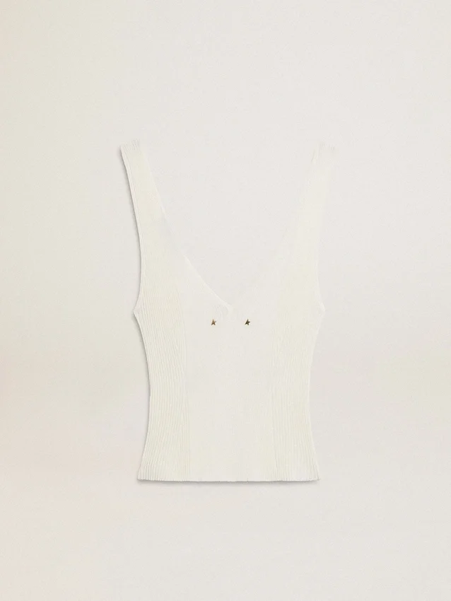 Top sin mangas bordado con ribetes en blanco desgastado
