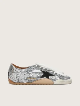 True-Star para mujer con lentejuelas plateadas, estrella negra y lengüeta de cuero plateada en el talón