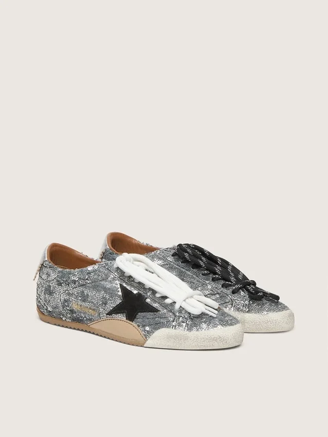 True-Star para hombre con lentejuelas plateadas, estrella negra y lengüeta de talón de cuero plateado