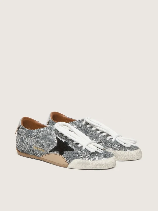 True-Star para hombre con lentejuelas plateadas, estrella negra y lengüeta de talón de cuero plateado