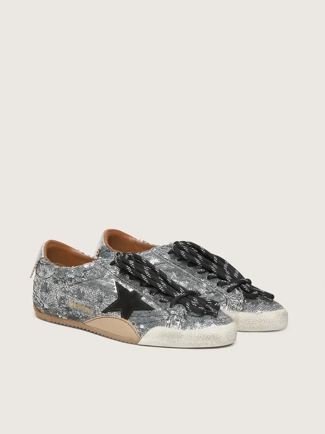 True-Star para hombre con lentejuelas plateadas, estrella negra y lengüeta de talón de cuero plateado