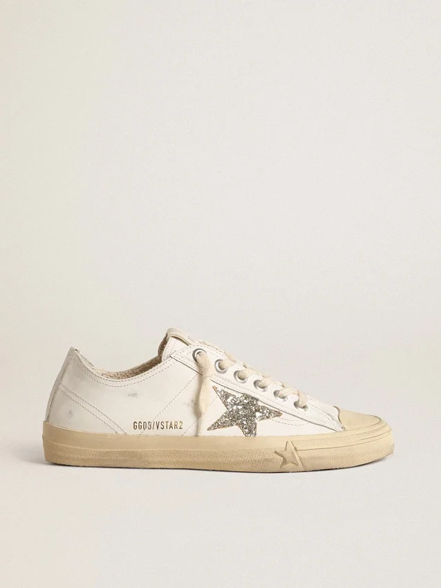 V-Star en cuero blanco con una estrella con purpurina platino