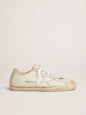 V-Star para hombre en cuero blanco con estrella blanca y franja azul claro en el ribete
