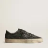 V-Star para hombre en lona a rayas negras y verdes con estrella y puntera de cuero negro