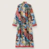 Vestido caftán para mujer en gasa de algodón color crudo con estampado multicolor