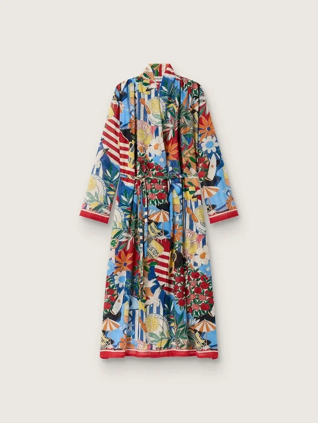 Vestido caftán para mujer en gasa de algodón color crudo con estampado multicolor