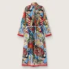 Vestido caftán para mujer en gasa de algodón color crudo con estampado multicolor
