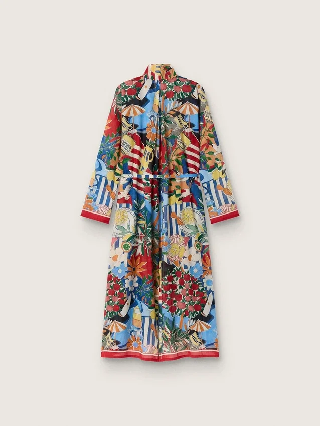 Vestido caftán para mujer en gasa de algodón color crudo con estampado multicolor