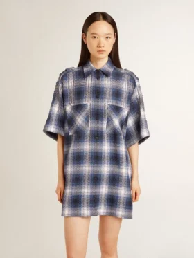 Vestido camisero corto para mujer con estampado de tablero de ajedrez en 3D y bordados