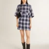 Vestido camisero corto para mujer con estampado de tablero de ajedrez en 3D y bordados