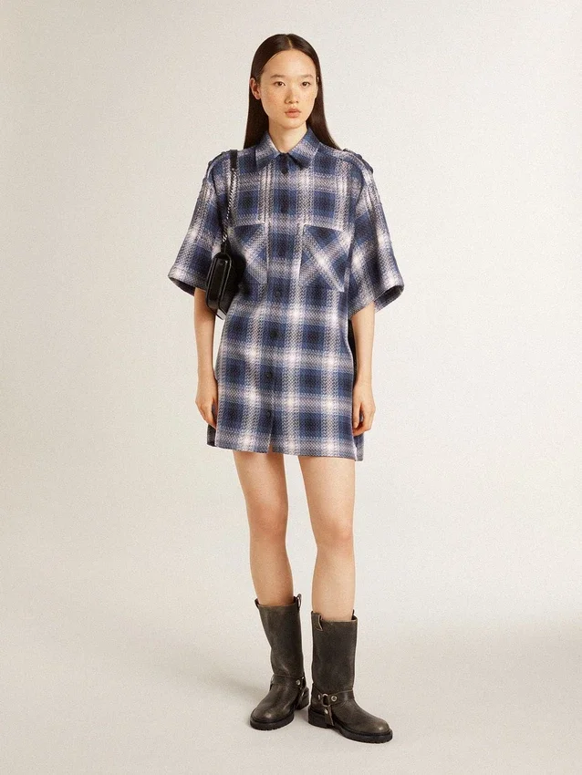 Vestido camisero corto para mujer con estampado de tablero de ajedrez en 3D y bordados