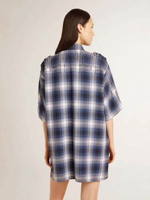 Vestido camisero corto para mujer con estampado de tablero de ajedrez en 3D y bordados