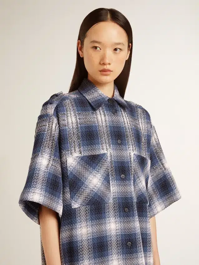 Vestido camisero corto para mujer con estampado de tablero de ajedrez en 3D y bordados