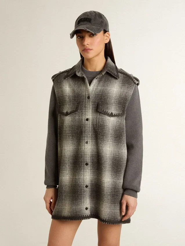 Vestido camisero de mezcla de lana gris oscuro para mujer