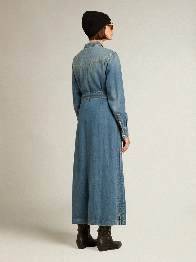 Vestido camisero de mezclilla para mujer con cinturón