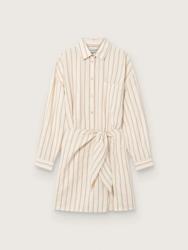 Vestido de camisa de algodón crudo para mujer con rayas beige y marrones