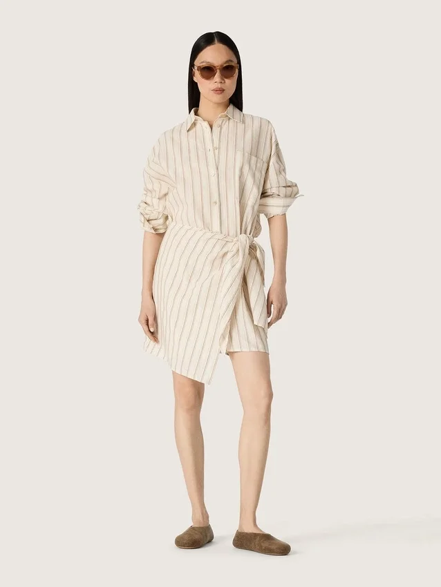 Vestido de camisa de algodón crudo para mujer con rayas beige y marrones
