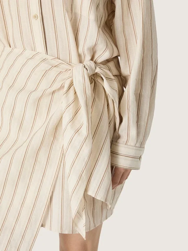 Vestido de camisa de algodón crudo para mujer con rayas beige y marrones