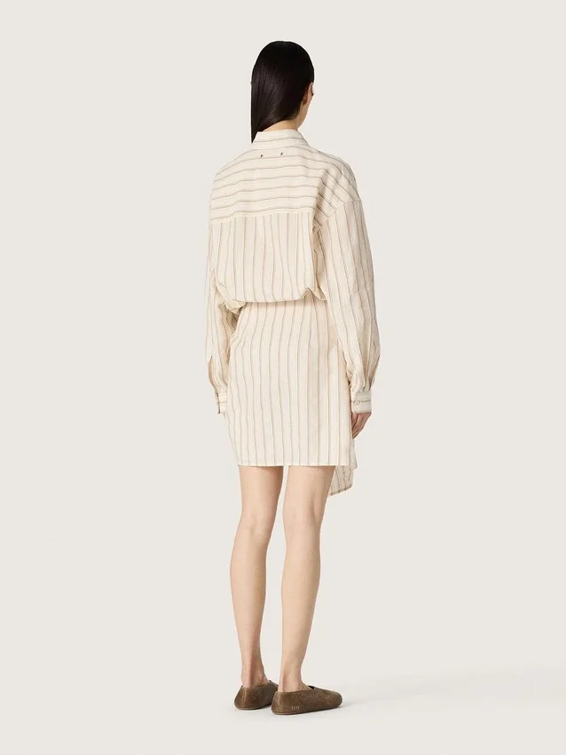 Vestido de camisa de algodón crudo para mujer con rayas beige y marrones