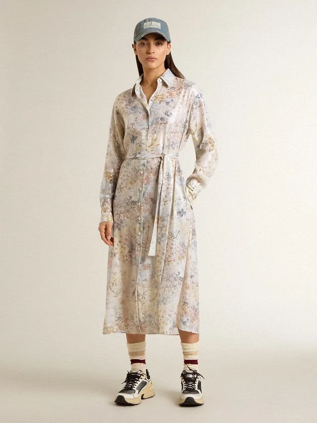 Vestido de camisa para mujer con estampado floral de lentejuelas multicolores