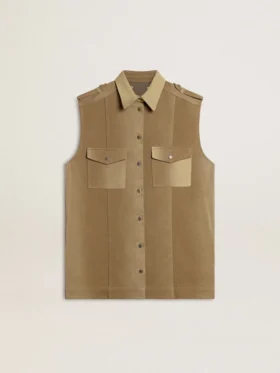 Vestido de camisa para mujer en denim color arena con detalles militares