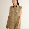 Vestido de camisa para mujer en denim color arena con detalles militares
